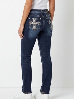 Miss Me Signature Rise Straight Jeans Size 29 Dark Wash Cross Embellished Pocket
